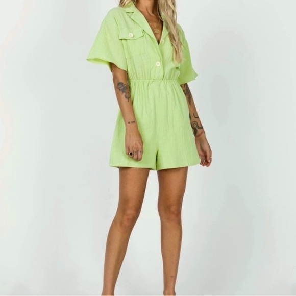 Princess Polly Gauzey Light Lime Green Cotton Shorts Playsuit Romper Size 4 - Picture 4 of 14